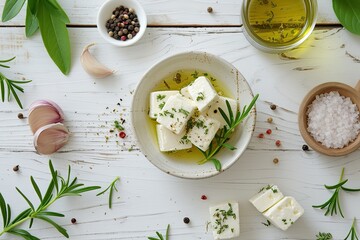 Wall Mural - Arrangement of pickled feta cheese in bowl on white wooden table