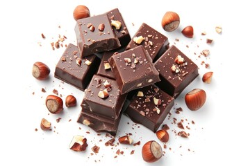 Poster - Bitter dark chocolate cubes with hazelnut isolated on white top view