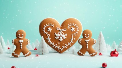 Wall Mural - 3D Christmas gingerbread cookies couple in love. Winter festive conceptual composition with big biscuit red heart,christmas tree,snowflakes, falling snow on a light blue background. valentine love