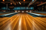 Bowling on wooden lanes with ball heading for pins at a generic bowling alley