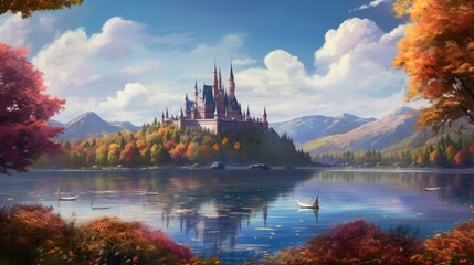 Wall Mural - Magic Fairy Tale Castle on the lake. Fairy Tale Castle on the lake. Fairy Tale Castle on a background of mountains and sky