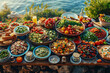 Abundant Mediterranean feast on a table overlooking the sea