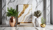 White Ceramic Paint In Natural Marble Patten Setting On Minimal Books And Surrounded With Gold And Copper Pots With Artificial Plants Inside Object Cozy Interior Concept Scene Setting