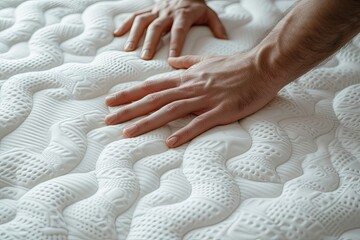 Poster - Close up photo of man checking the softness of white orthopedic mattress