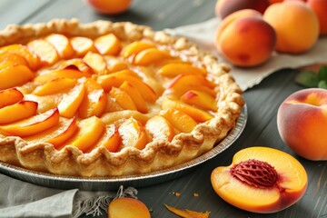 Sticker - Closeup of a scrumptious peach pie on a gray table