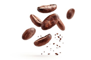 Wall Mural - Cocoa beans flying cracked levitating on white background High resolution image showcasing levitation concept