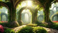 Garden Of Eden Exotic Fairytale Fantasy Forest Green Oasis Unreal Fantasy Landscape With Trees And Flowers Sunlight Shadows Creepers And An Arch 3d Illustration