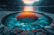 Serene lake at sunset, surrounded by mountains, with a circular stone structure filled with clear and red water