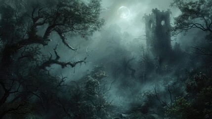 Wall Mural - Forest full of darkness with mysterious ancient ruins in the fog