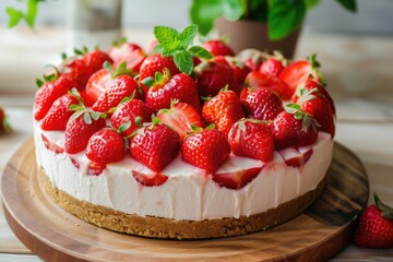 Canvas Print - Delicious and simple homemade strawberry cheesecake with fresh strawberries