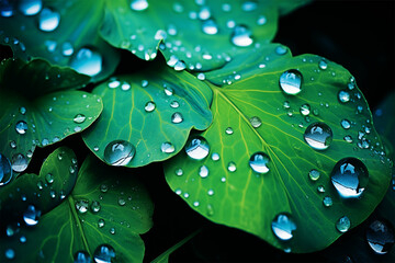 water droplets on a leaf with bright lights upclose, in the style of light emerald and navy, cute and dreamy, puzzle-like pieces, kimoicore, visually poetic, fairycore, impressionist sensibilities