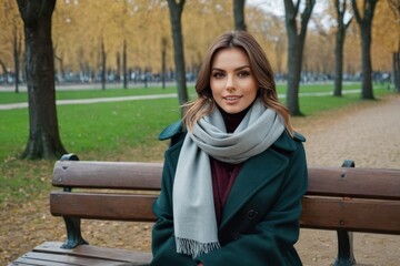 Beautiful young woman sitting on a bench in the spring or autumn coat and a fluffy scarf enjoying in park outdoors, glasses, urban life. Generative AI