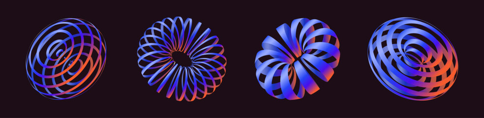 Wall Mural - set of techno 3d gradient figures, striped mesh torus, y2k aesthetic decorations.