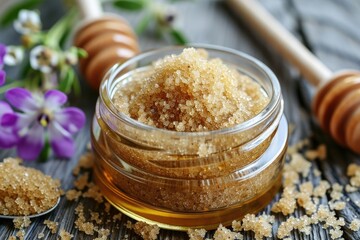 Wall Mural - DIY lip scrub with brown sugar honey olive oil in a jar