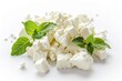 Feta cheese arranged on white background in crumbled form