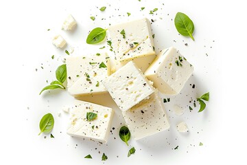 Wall Mural - Feta cheese on white background top view with clipping path and depth