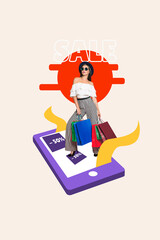 Sticker - Creative trend collage of attractive young female buy online device telephone shopping bags -50 ad surrealism magazine metaphor sketch