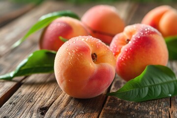 Fresh peaches on wooden surface