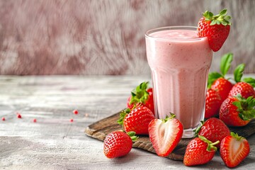 Canvas Print - Fresh strawberry milkshake smoothie and strawberries on a pink white and wooden background Healthy food and drink concept