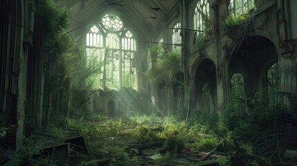 Wall Mural - Gothic church interior with ruins and green foliage