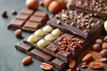 Sticker - Milk Chocolate Day stock images with chocolate nuts isolated on brown background July 28