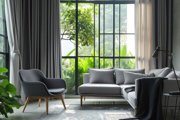 Poster - Modern grey living room with garden view and window curtains Sofa carpet chair and decoration