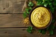 Organic homemade mustard in wooden bowl top view