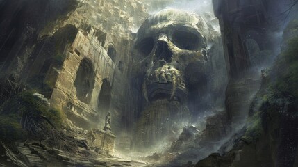 Mysterious dark castle with a human skull