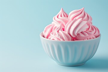 Wall Mural - Pink twisted meringues in a bowl crispy and isolated on a blue backdrop