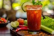 Refreshing Mexican beer drink with chamoy tamarind chili celery and sauces Michelada