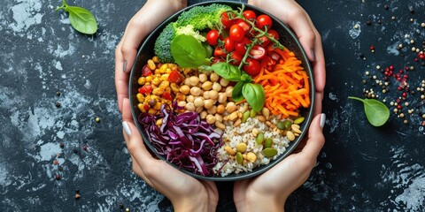 Wall Mural - Macrobiotic Diet: The Essence of a Balanced Diet, Featuring Hands Holding Cutlery, a Plate, and Macrobiotic Ingredients or Dish in a Realistic Advertising Poster