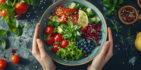 Wall Mural - Professional Photography Showcasing a Macro Mediterranean Salad, Grasped by Hands Holding Cutlery, Portraying the Freshness and Healthy Delight of the Mediterranean Diet