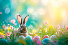 Colorful Decorated Easter Eggs With Easter Rabbit In The Grass N Unfocused Background. Easter Concept