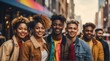 Group of happy diverse inclusive multiethnic lgbt people in city background from Generative AI