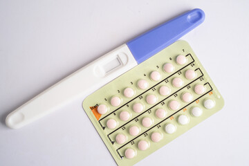 Pregnancy test and birth control pills, contraception health and medicine.