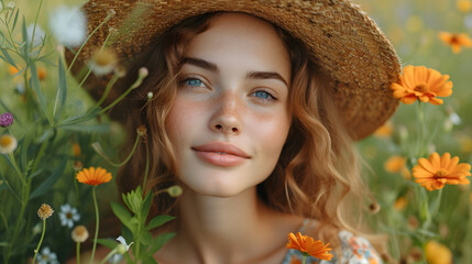 Wall Mural - Portrait of a beautiful girl in a straw hat among the spring flowers. Beautiful young woman with long curly hair on the background of a field of colorful flowers.