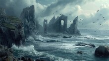 Fantasy Landscape With Seagulls Flying Over Rocks And Sea