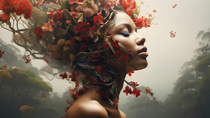 Portrait of a woman with a tree hairstyle with flowers. Concept of revival of life. The relationship between man and nature. Preservation of the environment in the hands of man