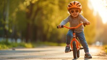 Cheerful Young Lad Wearing Shades And Protective Headgear Riding A Balance Bike For Morning Workout.