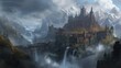 Fantasy landscape with castle and waterfall in the fog. 3d rendering