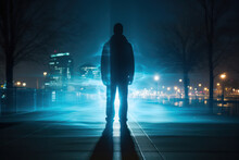Solitude In The Shadows: A Man Walking Alone On A Dark Foggy Night In A City Park