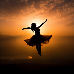 Wall Mural - A ballet dancer in mid-air captured in silhouette.