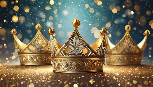 golden crown on red background, Three gold shiny crowns on festive background. Three Kings day or Epiphany day holiday celebration night background