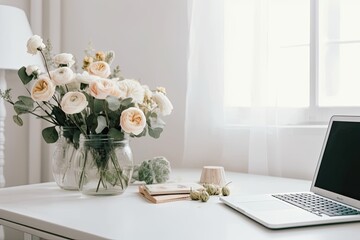 Wall Mural - Ranunculus and eucalyptus flowers, with a laptop screen on a white table. office at home for women. White wall and minimalist floral desktop