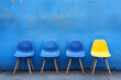 © Dinusha - chairs in a row. The bold yellow chair stands out, symbolizing unique talent amidst blue conformity. best candidate concept.
