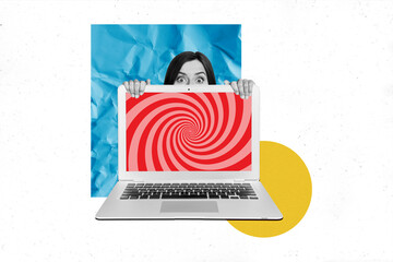 Wall Mural - Photo creative illustration poster banner collage hiding overseeing girl laptop screen hypnotize propaganda news network influence