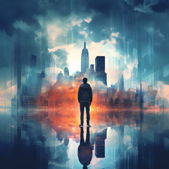 Canvas Print - Double exposure of a person and a cityscape.