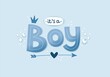Its a boy, 3d lettering for kids design in pastel blue colors. Poster or card. Cute illustration in realistic style.