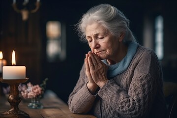 Wall Mural - sad and angry grandmother praying for help from our lord Jesus Christ