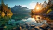 Impressive summer sunrise on Eibsee lake with Zugspitze mountain range. Sunny outdoor scene in German Alps, Bavaria, Germany, Europe. Beauty of nature